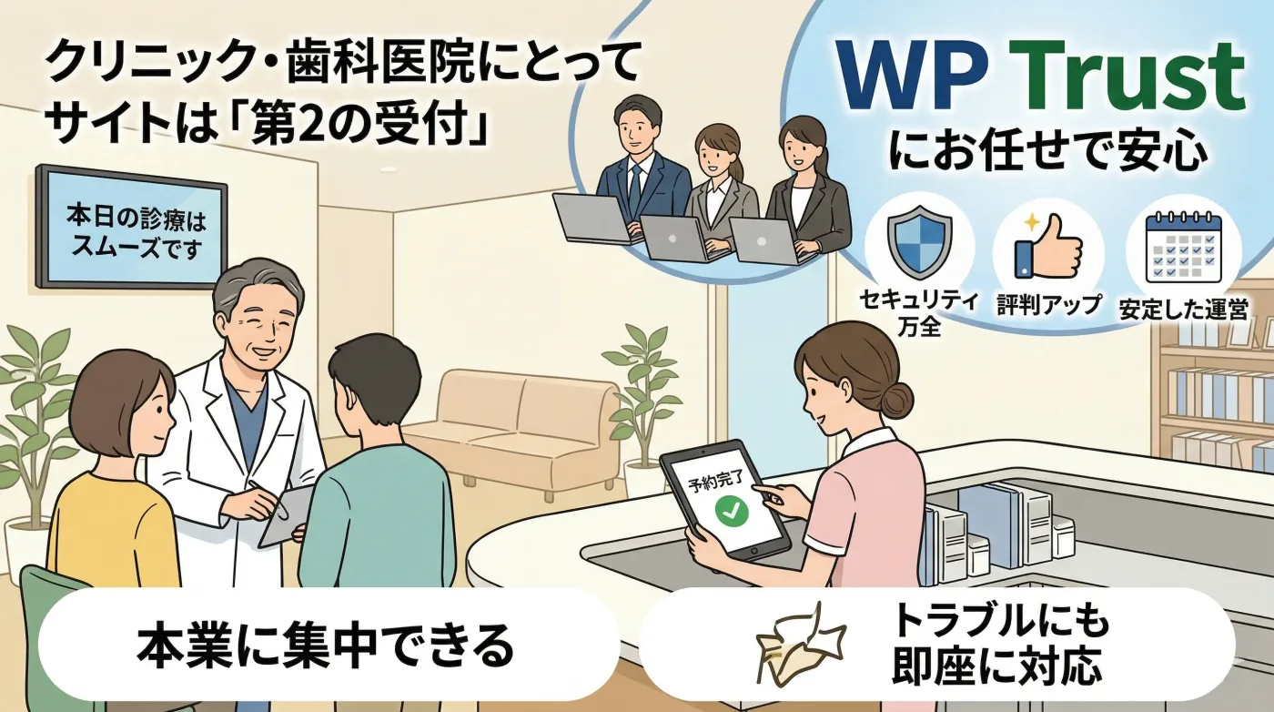 WP Trustにお任せで、クリニックが安心して診療に専念できる様子を示すイラスト